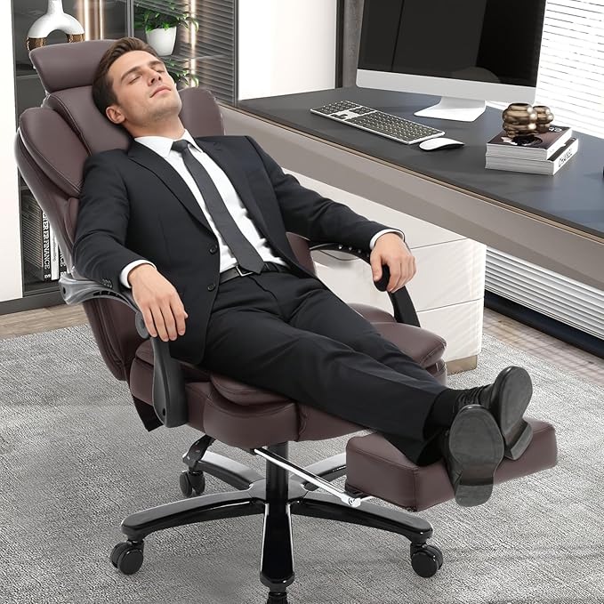 400lbs Reclining Office Chair with Footrest, PU Leather Big and Tall Heavy Duty Ergonomic Gaming Chair with Leg Rest, Brown