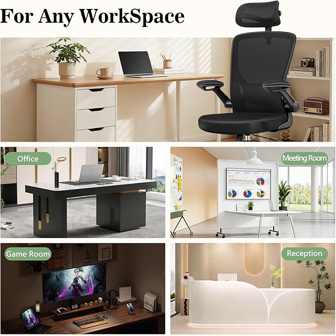 BESTFAIR Office Chair Ergonomic Desk Chair, Breathable Mesh Office Chairs with Adjustable Lumbar Support, Flip-Up Arms, Computer Desk Chair Comfy for Home Office, 4 Pack
