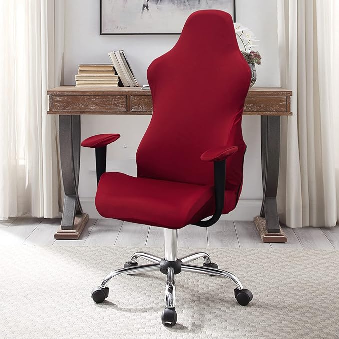 WOMACO Gaming Chair Slipcover Stretch Seat Chair Cover for Leather Computer Reclining Racing Ruffled Gamer Chair Protector (Red, One-Size)