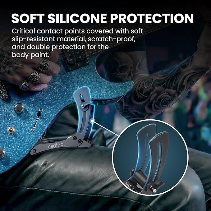 Esdina Electric Guitar Leg Rest, Ergonomic Thigh Support, Adjustable Foot Rest Stand, Soft Silicone Protection, Aluminum Alloy, Fits 1.46“ - 2.17“ in Guitar Body Thickness