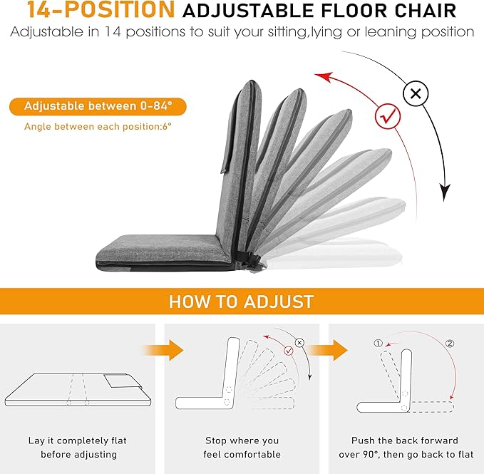 FASTMOMENT Floor Chair with Back Support 14-Position Adjustable Floor Chair Portable Ground Seating for Adults & Kids Foldable Meditation Seat with Japanese KOYO Bearings & Washable Linen Cover (Grey)