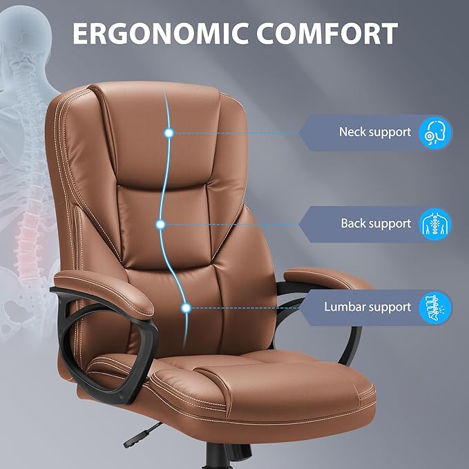 Shahoo Ergonomic Office Chair Executive PU Leather Chair with Comfortable Head Rest, Thickened Cushioned Armrest and Lumbar Support for Office & Home, Light Brown