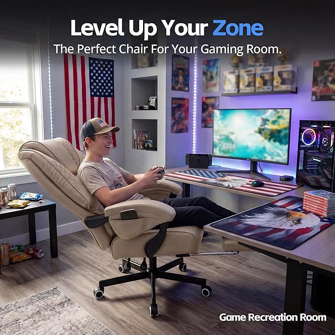 Ergonomic Gaming Office Chair for Adults, Big and Tall Heavy Duty Computer Desk Chair, High Back Video Game Chair with Footrest, Comfortable Leather Home Wide Gamer Chair with Lumbar Support (Beige)