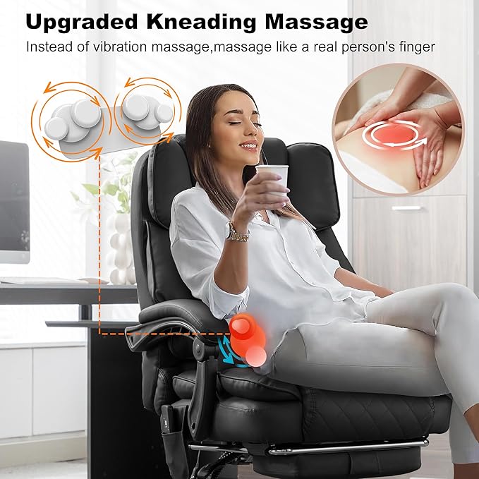 Kneading Massage Office Chair with Heated,90-135° Reclining Executive Office Chair with Footrest,Computer Desk Chair with Wheels,Diamond-Stitched Cushion Leather Office Chair (Black)