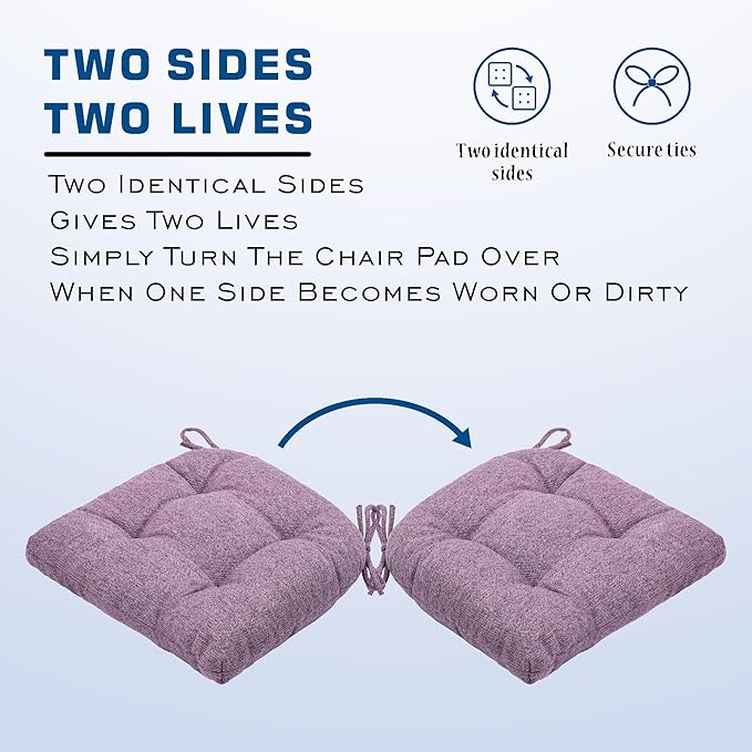 SQUARE MOON D-Shaped 3" Thick Chair Cushions, Chair Pads for Dining Chairs and Kitchen Chairs, Indoor Dining Room Seat Cushions with Ties, Machine Washable, 17" x 16" x 3", 4/Pack, Light Purple