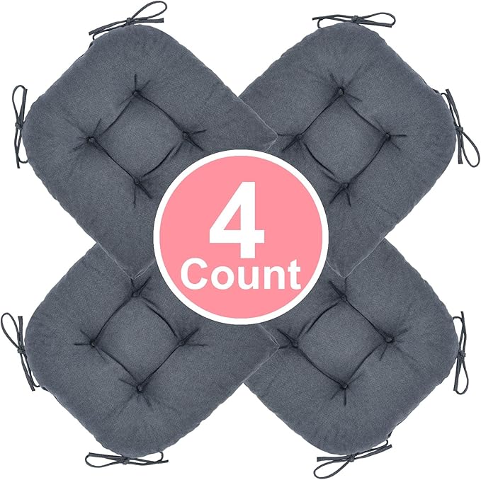 Chair Cushion, Chair Cushions for Dining Chairs, Chair Pads and Mat with Ties for Indoor Kitchen Seat and Desk (Dark Grey, 4 Count - 17 x 16 in)