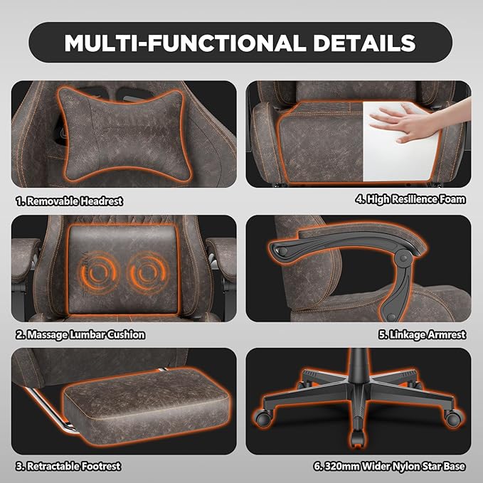 Ferghana Vintage PU Leather Gaming Chair, Ergonomic Gamer Chair with Massage, High Back Computer Office Chair with Footrest for Adults, Racing Style Reclining Video Game Chair (Brown)