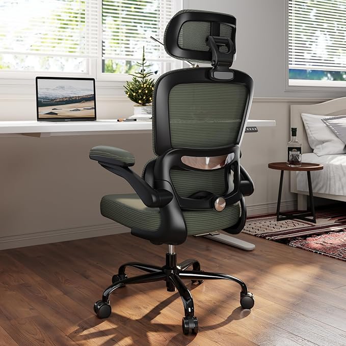 TRALT Ergonomic Office Chair - Desk Chair with Adjustable Headrest Lumbar Support Computer Chair - Mesh Comfy Chair with Flip-up Armrests - Gaming Chairs for Adults Home Office (Leather, Dark Green)