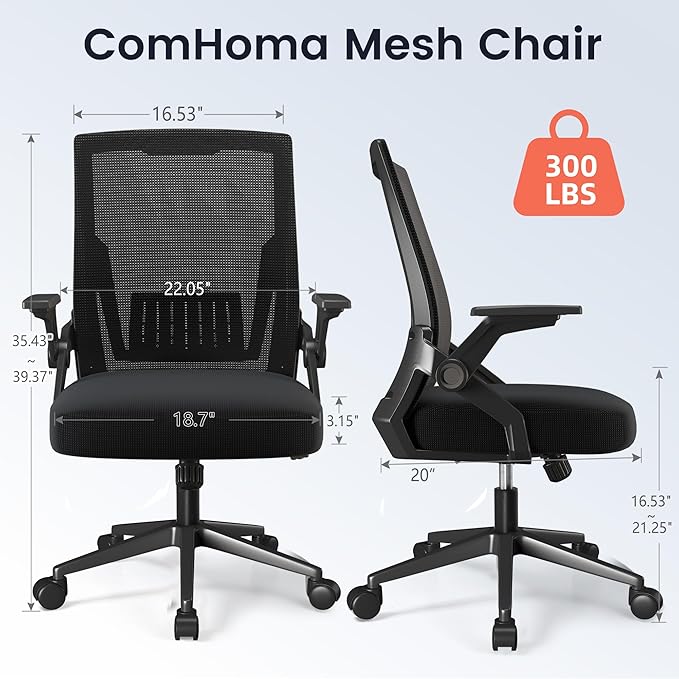 COMHOMA Office Chair with Flip-up Armrests Ergonomic Computer Desk Chair with Adaptive Lumbar Support & Breathable Mesh, Black