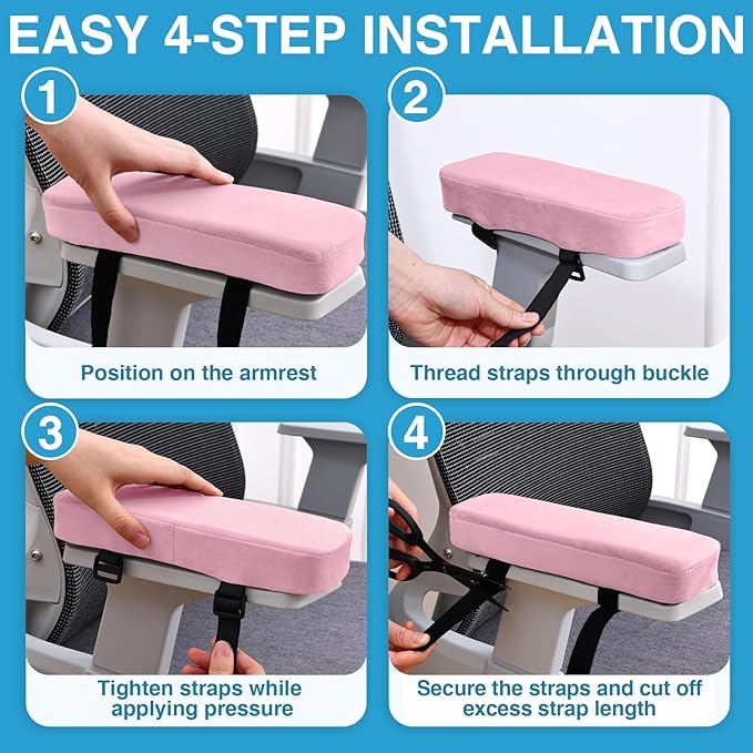 Smiry Ergonomic Office Chair Armrest Pads, Memory Foam Arm Rest Covers, Non-Slip Armrest Cushion with Adjustable Buckles and Straps, Elbow Relief for Desk, Gaming & Wheelchair (Pink, Set of 2)