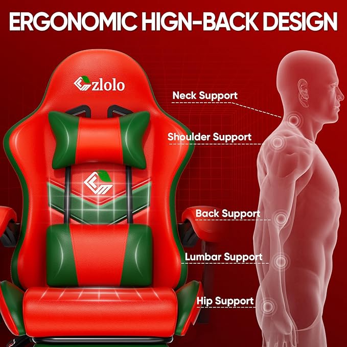 Czlolo Gaming Chair, Lumbar Support Massage Computer Chair, High Back Gamer Chair, with Footrest and Headrest, Lumbar Pillow, Recline, Wide Seat, Gaming Chairs for Christmas/Birthday Gifts, Red