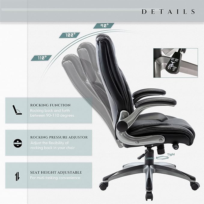 MALOL Executive Office Ergonomic Chair with Thick Bonded Leather, Flip-up Armrests, High Back Adjustable Height and Tilt for Working, Study, Gaming
