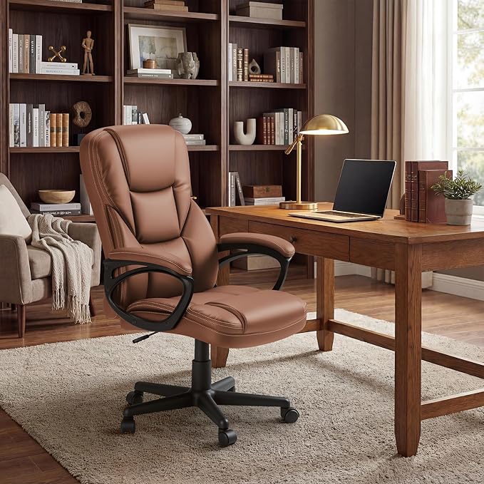 Shahoo Ergonomic Office Chair Executive PU Leather Chair with Comfortable Head Rest, Thickened Cushioned Armrest and Lumbar Support for Office & Home, Light Brown