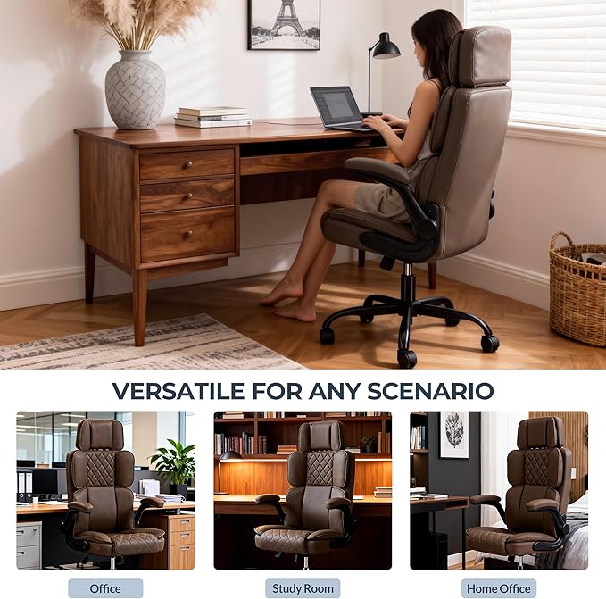 Office Chair with Adjustable Headrest - Executive Leather Desk Chair for Home Office, with Flip-Up Arms & Ergonomic Lumbar Support, Perfect for Work and Study, Brown