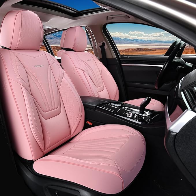 Coverado Car Seat Covers Front Seats, 2 Piece Car Seat Protector with Lumbar Support & Removable Headrest, Breathable Leather Seat Cushion Universal Fit for Truck Automotive Vehicles Pink