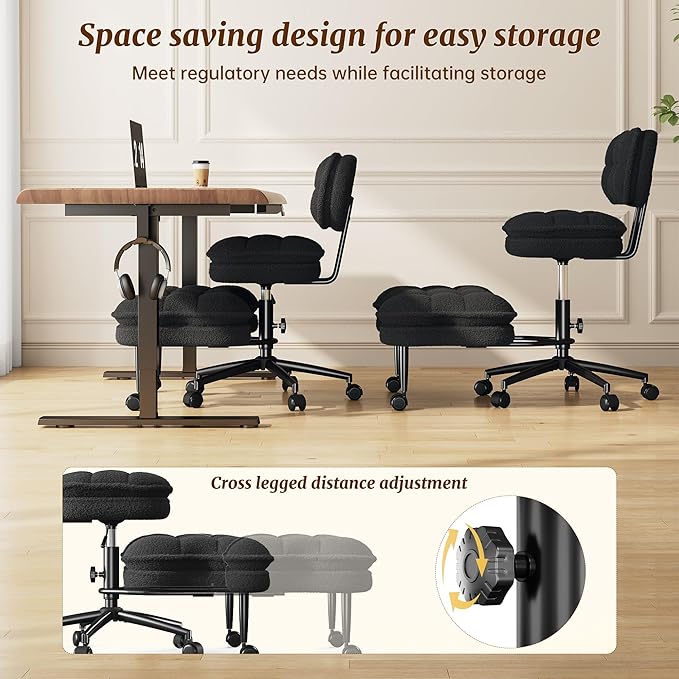 DurayLoly Criss Cross Chair, Ergonomic Office Chair with Wheels & Backrest, Cross Legged Office Chair with Foot Rest for ADHD, Height Adjustable, Thicken Cushion, Teddy Fabric, Black