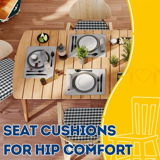 AAAAAcessories D-Shaped Chair Cushions, 2" Thick Dining Chair Pads with Ties and Removable, Machine-Washable Cover, 17" x 16", Set of 2, Checkered Black/White