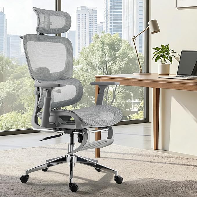 Ergonomic Office Chair, Home Mesh Desk Computer Chair, Comfortable Gaming Chair with Footrest, Wheels, Adjustable 2D Headrest, Lumbar Support, High Back and 3D Armrest, Grey