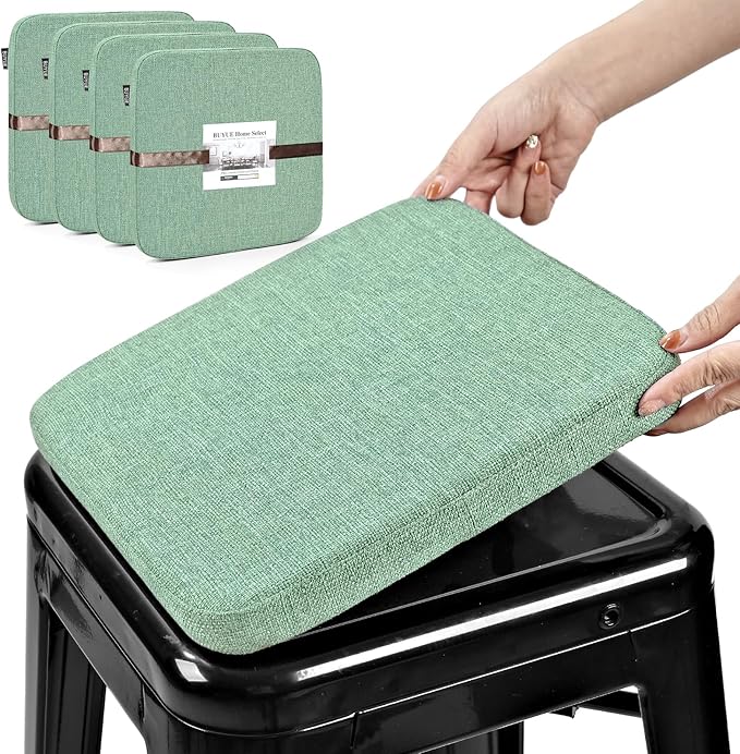 BUYUE Friendly Woven Fabric Magnetic Bar Stool Cushions Set of 4, Enhanced Anti-Slip Breathable Small Chair Seat Pads for Café Bistro Stackable Metal Stools (Square, Light Green, 4 Counts)