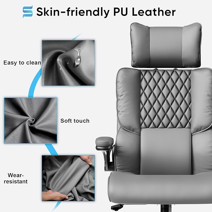 Sytas Ergonomic Office Chair with Adjustable Headrest, Executive Leather Desk Chair with Upgraded Lumbar Support for Lower Back Pain Relief, Thickened Backrest Computer Chair for Home Office, Gray