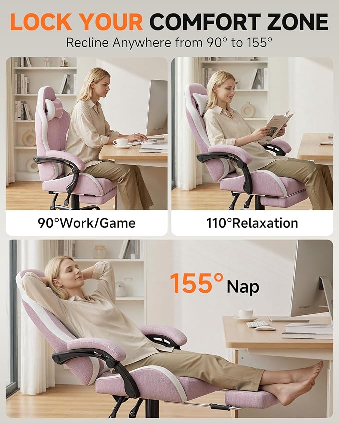 GTPLAYER Gaming Chair with Footrest, Computer Gaming Chair for Adults and Kids, Height Adjustable Gamer Chair with 90-155° Recline & Removable Headrest Lumbar Support,Linen Fabric Pink