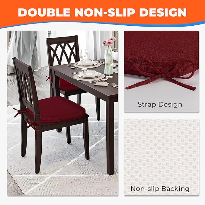 Sunsleek Chair Cushions for Dining Chairs, D-Shaped Seat Cushions with Removable Washable Cover and Ties, Chair Pads for Kitchen, Indoor Dining Room, Patio Chairs, 17'' x 16'', Set of 4, Red