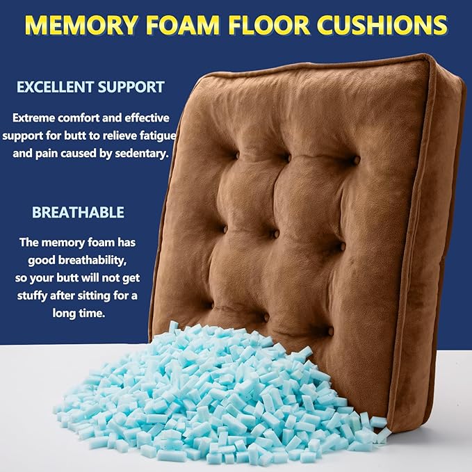1 MIDDLE ONE Floor Pillow Set of 2, Memory Foam Meditation Cushion, Floor Cushions for Adults Sitting, Large Square Seat Cushions for Yoga, Couch, Sofa, Kids, Living Room, 22x22 Inch (Brown)