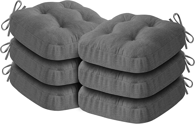 IASEAHK Chair Cushions for Dining Chairs, Dining Chair Cushions, Tufted Indoor Chair Pads with Ties & Non Slip Backing, Seat Cushions for Kitchen Chairs 16.5” x 16.5” x 3.5”, Set of 6, Grey