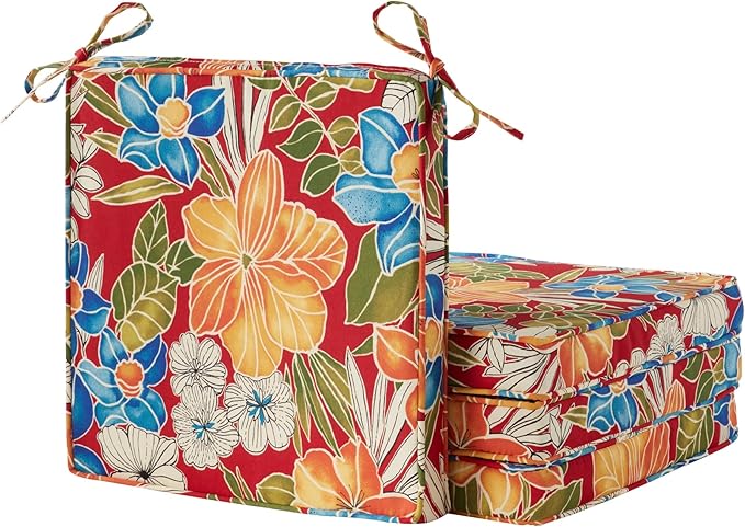 Outdoor 18 inch Square Patio Dining Chair Pads – Comfortable Fiber-Filled Seat Cushions with Ties, Reversible Polyester Fabric - Aloha Red Floral, Set of 4