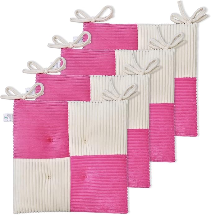 Office Stacking Chair Cushions 4 Pack, Corduroy High Density Foam Kitchen Seat Cushions with Ties, Square 17" x 17" Indoor Non-Slip Dining Chair Pads, White + Pink，4pcs