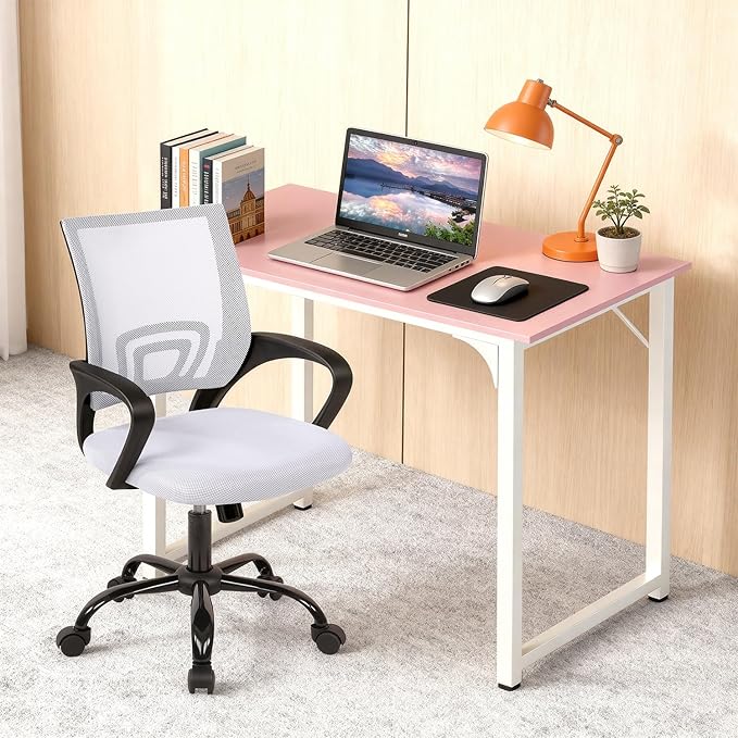 PayLessHere 32 Inch Home Office Desk and Chair Set,32 Inch Computer Desk with Ergonomic Height Adjustable Office Chair for Home Office,Pink&White