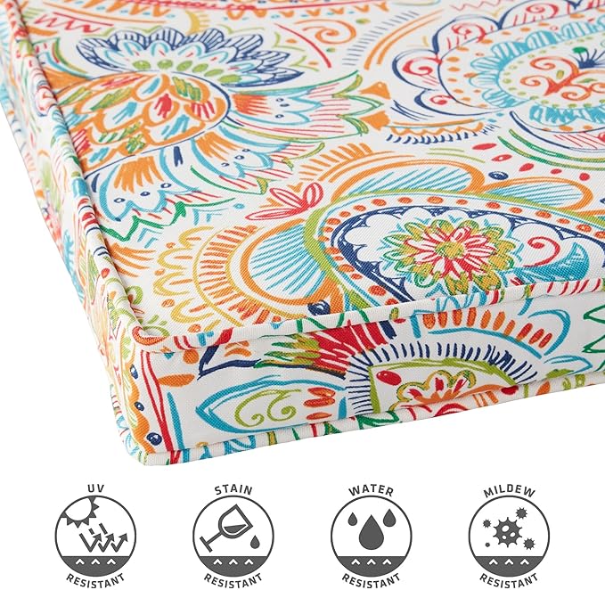 Outdoor 18 inch Square Patio Dining Chair Pads – Comfortable Fiber-Filled Seat Cushions with Ties, Reversible Polyester Fabric - Jamboree Paisley, Set of 4