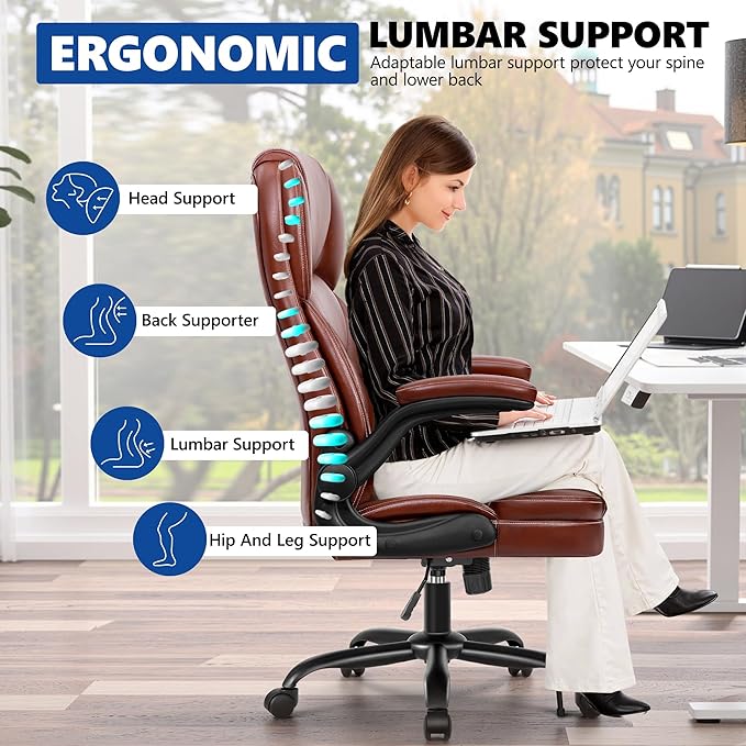 PU Leather Executive Office Chair, Ergonomic High-Back Computer & Gaming Chair with Adjustable Height, Rolling Swivel & Flip-Up Armrests, Comfy Padded Seat for Home Office-Brown