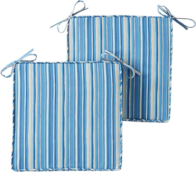 Outdoor 18 inch Square Patio Dining Chair Pads – Comfortable Fiber-Filled Seat Cushions with Ties, Reversible Polyester Fabric - Sapphire Stripe, Set of 2