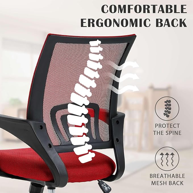 MKDLUFEI Office Chair, Ergonomic Cheap Desk Chair with Lumbar Support, Adjustable Mid Back Task Rolling Swivel for Home Office Student, Adults,Study, Red
