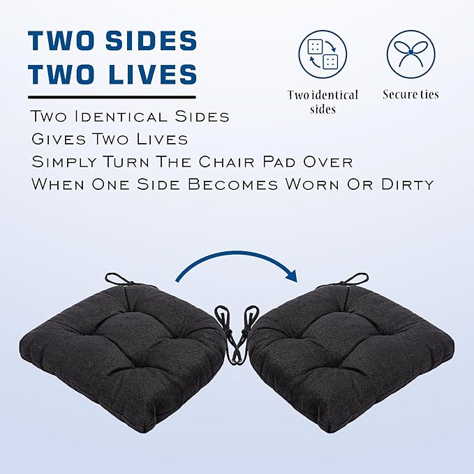SQUARE MOON D-Shaped 3" Thick Chair Cushions, Chair Pads for Dining Chairs and Kitchen Chairs, Indoor Dining Room Seat Cushions with Ties, Machine Washable, 17" x 16" x 3", 4/Pack, Black