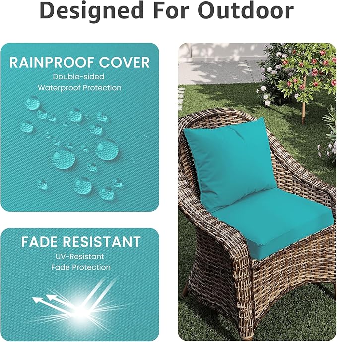PatioGlow Outdoor Chair Cushions 18 x 18 x 3 Inch, Waterproof & Fade Resistant Patio Seat Cushion for Furniture with Handle and Ties, Thick Seating Pads for Outside Sofa Couch Set of 2, Teal