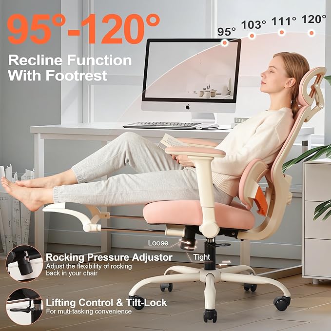 Ergonomic Office Chair with 4D Flip-Up Arms & Footrest, Mesh Desk Gaming Chair with 3D Headrest & 2D Floating Wing Lumbar Support, High Back Computer Chair for Home Office Vanity, Pink