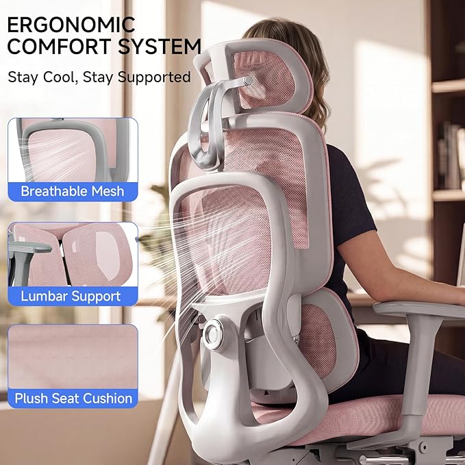 Ergonomic Office Chair with Footrest, 4D Armrests & Dynamic Lumbar Support, High Back Mesh Desk Chair with Adjustable Headrest, Reclining Computer Chair 380lbs for Long Hours (Pink)