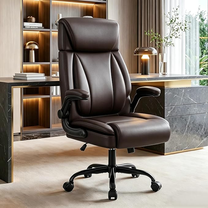 BestGlory Ergonomic Office Chair, PU Leather High Back Desk Chair with Adjustable Headrest and Padded Flip-Up Arms, Lumbar Support Computer Chair for Home Office Gaming, Coffee