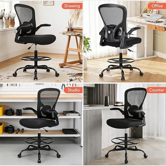 Drafting Chair, Tall Office Chair for Standing Desk, Mesh High Desk Chair with Flip-Up Armrests, Ergonomic Office Chair with Lumbar Support, Adjustable Footrest Ring Studio Chair, Black