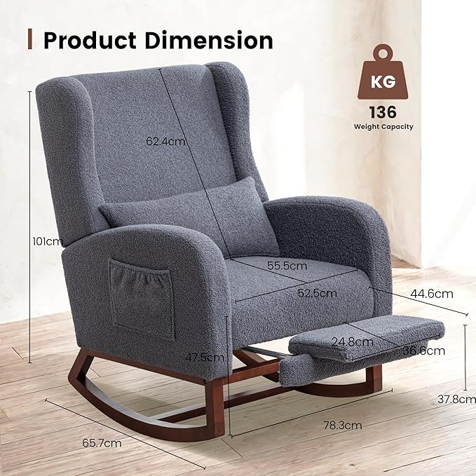 Nursery Rocking Chair,Rocking Chair with Foot Rest,Nursery Rocker Comfy Glider Nursing Chair with Back Pillow for Living Room,Bedroom,Dark Grey