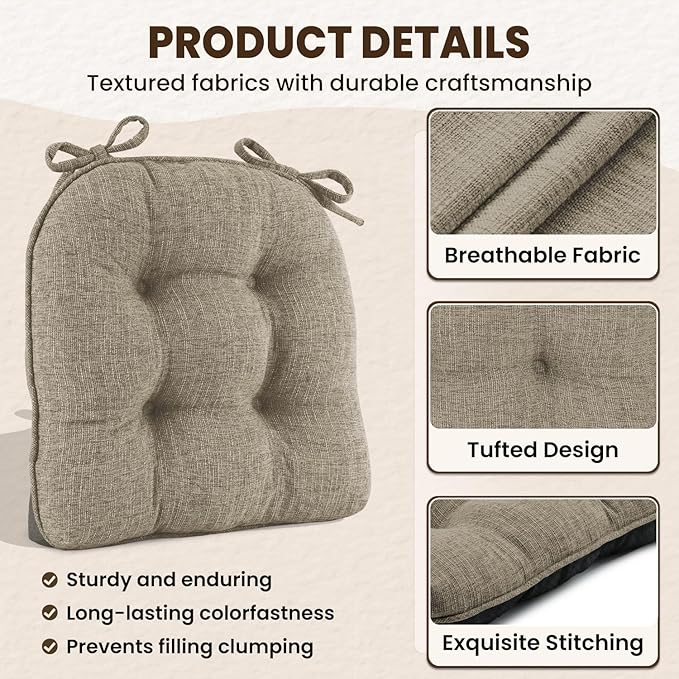 downluxe Indoor Chair Cushions for Dining Chairs, Tufted Overstuffed Textured Kitchen Chair Pads with Ties and Non-Slip Backing, 16.5" x 16.5" x 4", Khaki, 4 Pack