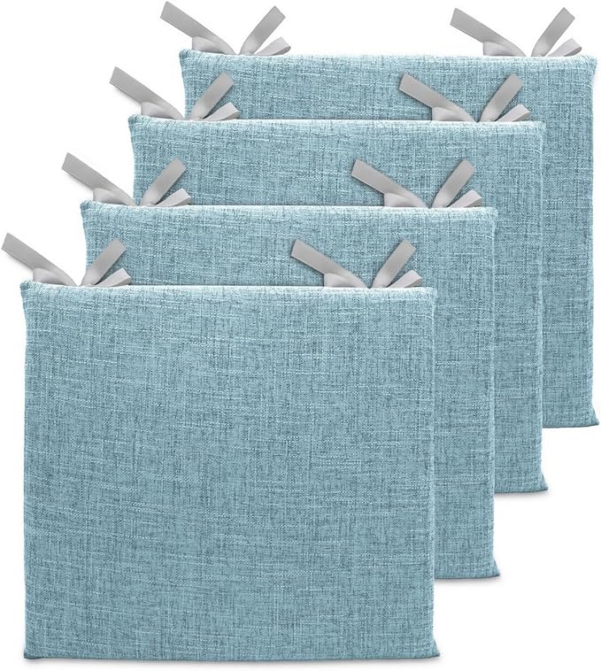 Lifup 4 Pack Chair Cushion Memory Foam Pads, Square Non-Slip Thick Dining Chair Cushions with Ties and Removable Cover for Home Office Restaurant Chair Pads Blue 18 x 18 Inch