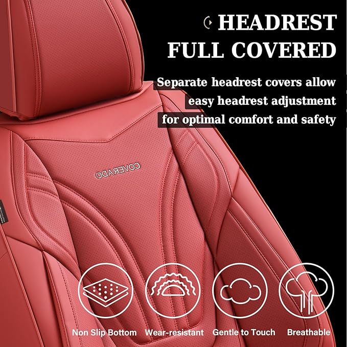 Coverado Car Seat Covers Full Set, 5 Piece Car Seat Protector with Lumbar Support & Removable Headrest, Breathable Leather Front Rear Seat Cushion Universal Fit for Truck Automotive Red