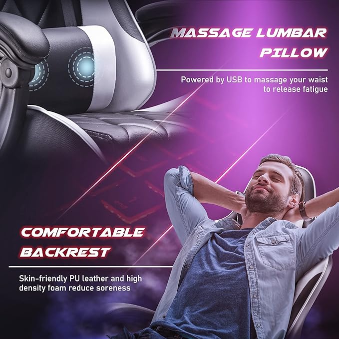 Homall Gaming Chair, Computer Chair with Footrest and Massage Lumbar Support, Ergonomic High Back Video Game Chair with Swivel Seat and Headrest (White)