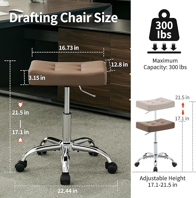 FIRAVOE Ergonomic Desk Stool with Wheels (Adjustable Height 17"-21") (300lbs Capacity) Faux Leather Office Stool (Coffee Brown)
