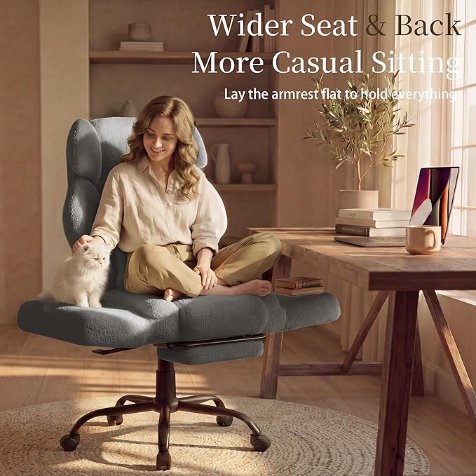 Office Chair with Flip Armrests,Big and Tall Office Chair with Foot Rest,Extra Wide Seat & Lumbar Pillow,Ergonomic Computer Gaming Chair,Comfy Criss Cross Chair for Pets Sitting,Teddy Fleece,Grey