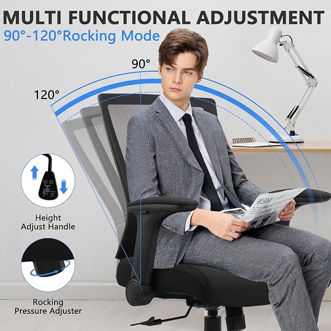 CLATINA Big and Tall Office Chair Heavy Duty Ergonomic Desk Chair 500lbs with Flip-up Arms & Wide Thick Seat Cushion Home Executive Swivel Mesh Chair for Study, Conference, Black, 6 PK