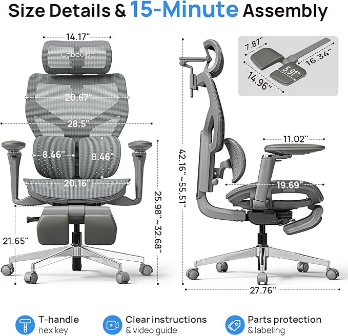 Ergonomic Office Chair with Lumbar Support - Over 10 Hours Sitting Comfortable, Mesh Big and Tall Home Computer Desk Chairs, 4D Headrest, 2-Gear Footrest, 630° Armrst, Seat Depth Adjustable